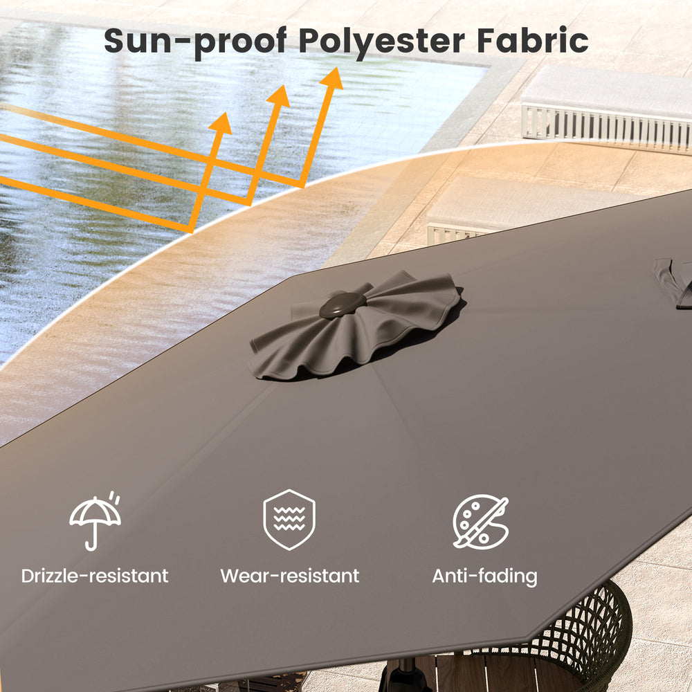 Close-up of the gray sun-proof polyester fabric on the 7.5 feet outdoor patio umbrella, showcasing its wear-resistant.