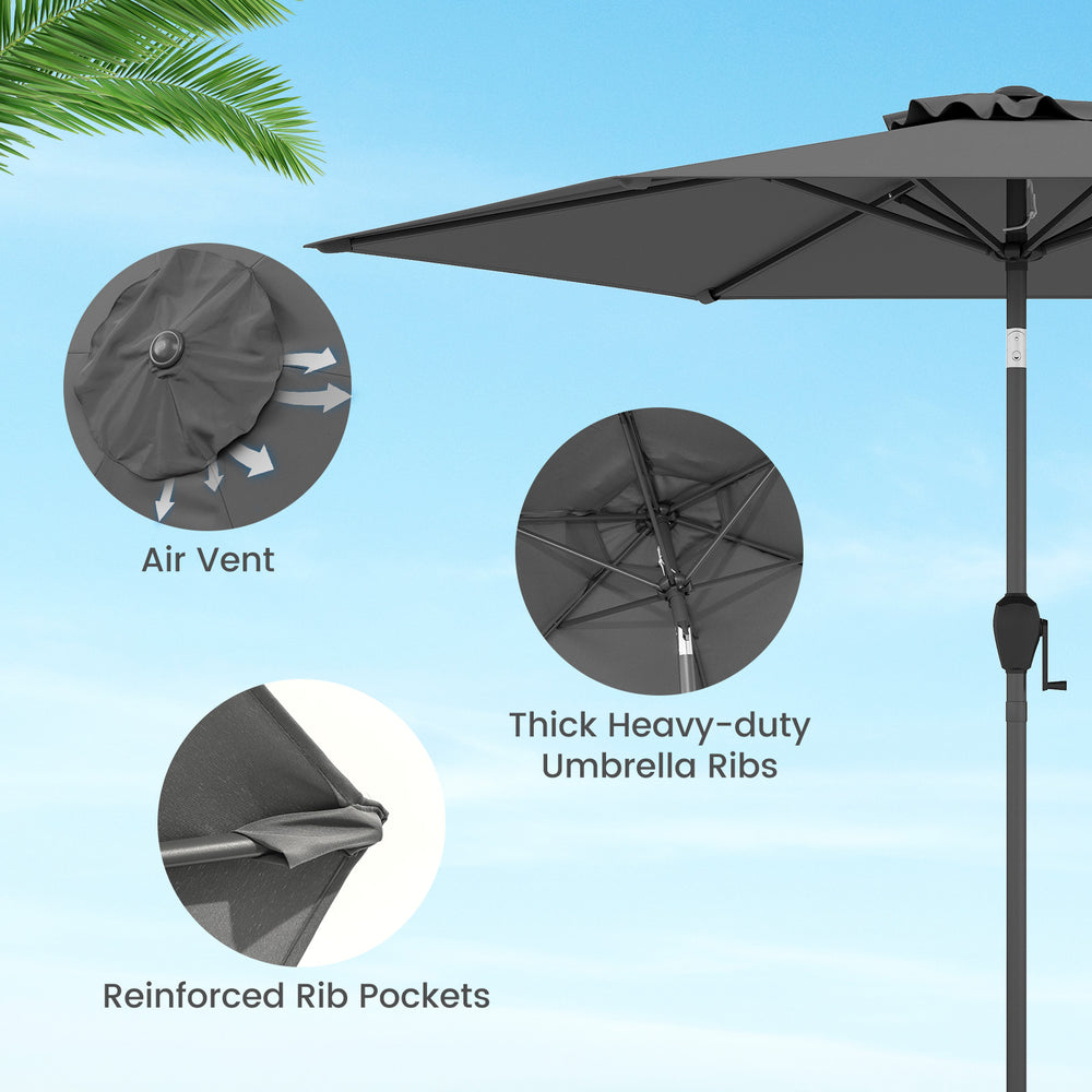 Close-up of the 7.5 feet gray market umbrella showcasing thick heavy-duty ribs and reinforced rib pockets for stability.