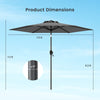 7.5 feet gray outdoor patio market umbrella with push button tilt, showcasing dimensions and sturdy design features.