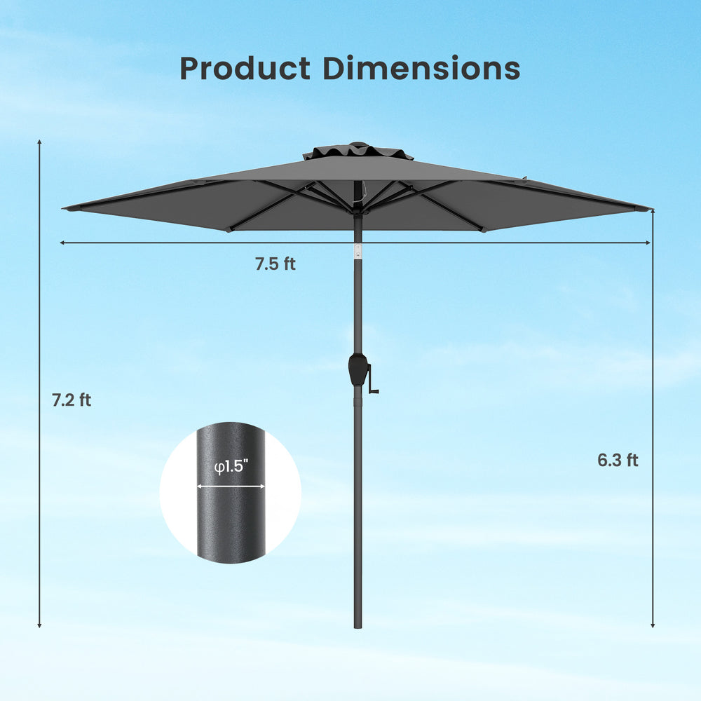 7.5 feet gray outdoor patio market umbrella with push button tilt, showcasing dimensions and sturdy design features.