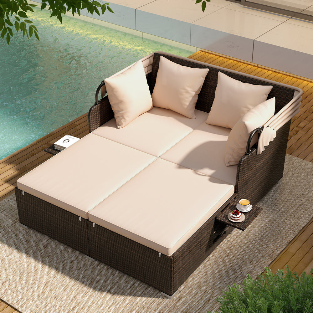 Outdoor Patio Rattan Daybed with Retractable Canopy and Side Tables-Beige - Gallery View 1 of 11