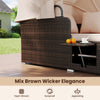 Close-up of the outdoor patio rattan daybed with brown wicker, featuring a retractable canopy and side tables for.