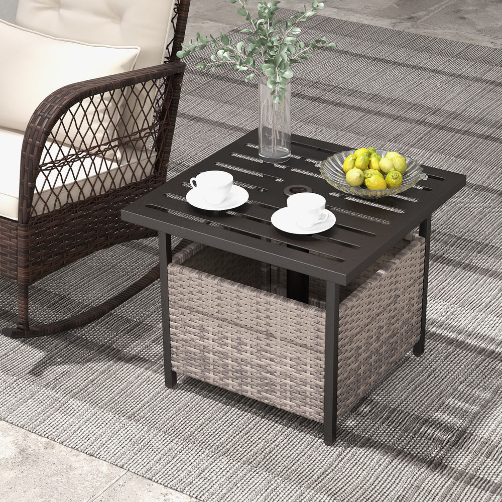 Gray outdoor patio side table featuring a sturdy steel frame and PE wicker storage, perfect for deck or garden use.