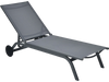 Adjustable gray fabric outdoor patio recliner chair with six positions and wheels for easy mobility, perfect for.