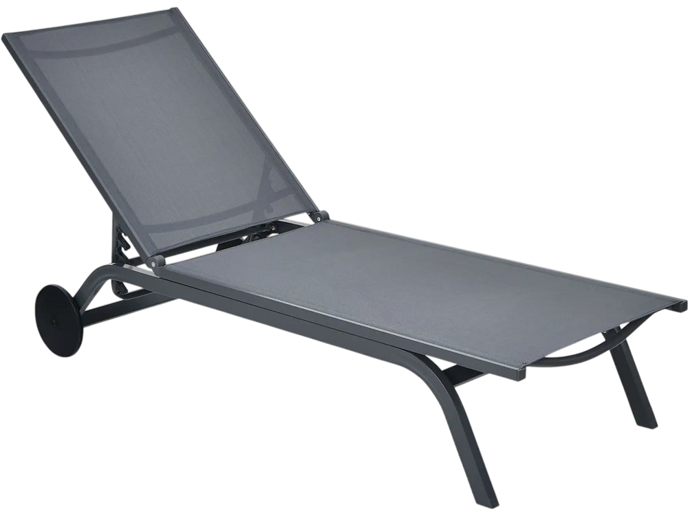 Adjustable gray fabric outdoor patio recliner chair with six positions and wheels for easy mobility, perfect for.