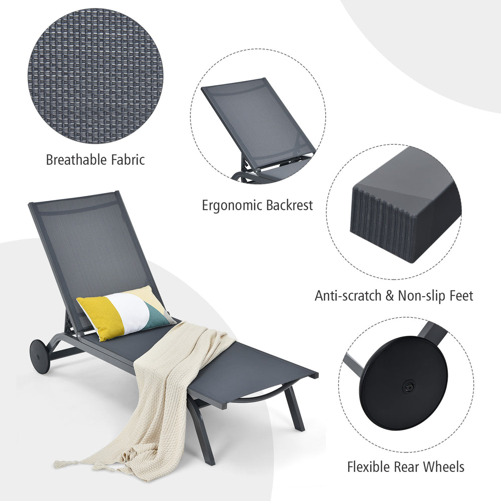 Gray adjustable outdoor patio recliner chair with breathable fabric, ergonomic backrest, and flexible rear wheels for.