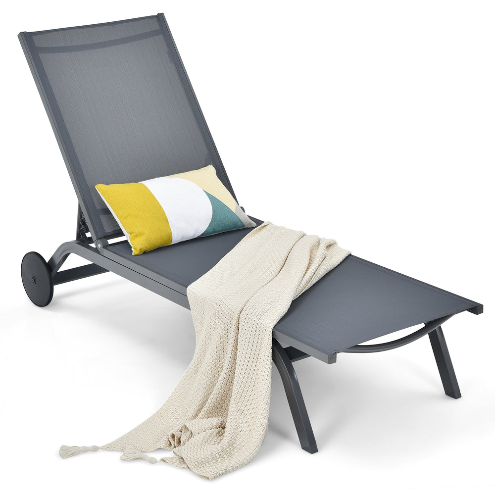 Gray 6-position adjustable outdoor patio recliner chair with breathable fabric, perfect for poolside or backyard.