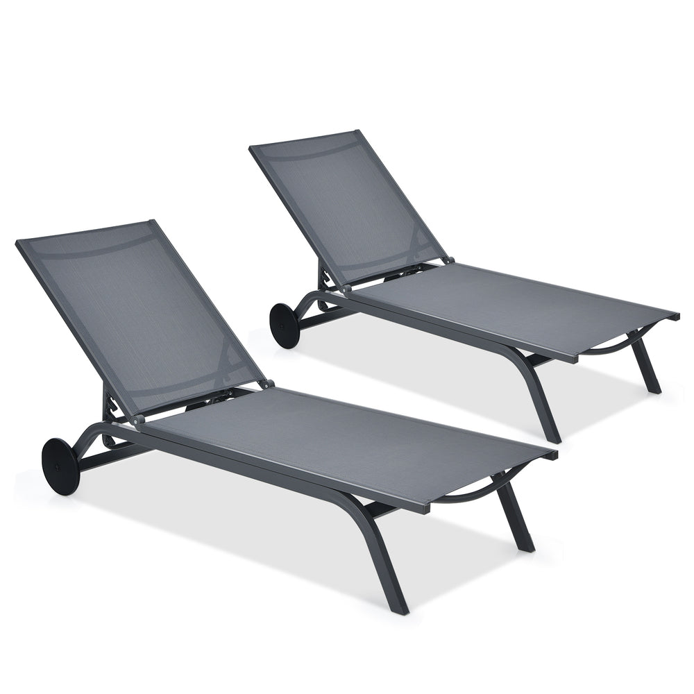 Two gray adjustable outdoor patio recliner chairs with six positions and wheels for easy mobility, perfect for.