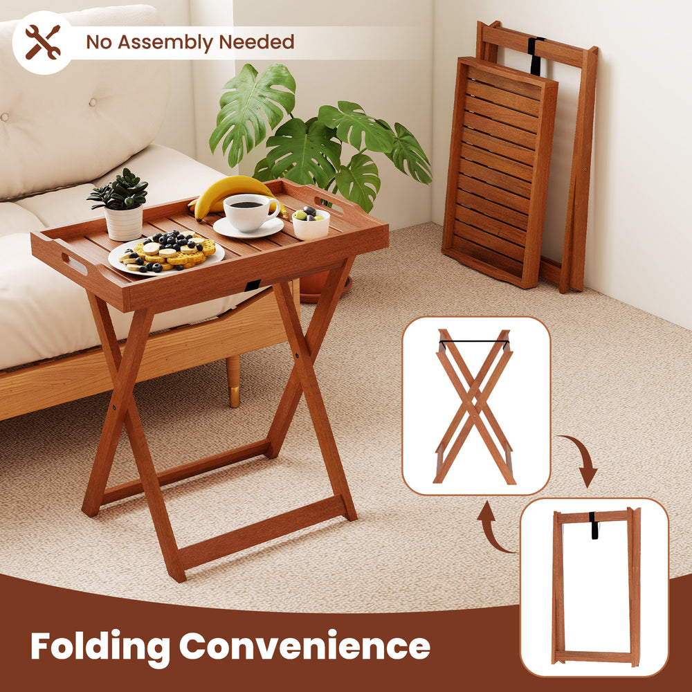 Folding outdoor patio solid wood tray table with removable top, featuring a slatted surface and convenient cut-out.