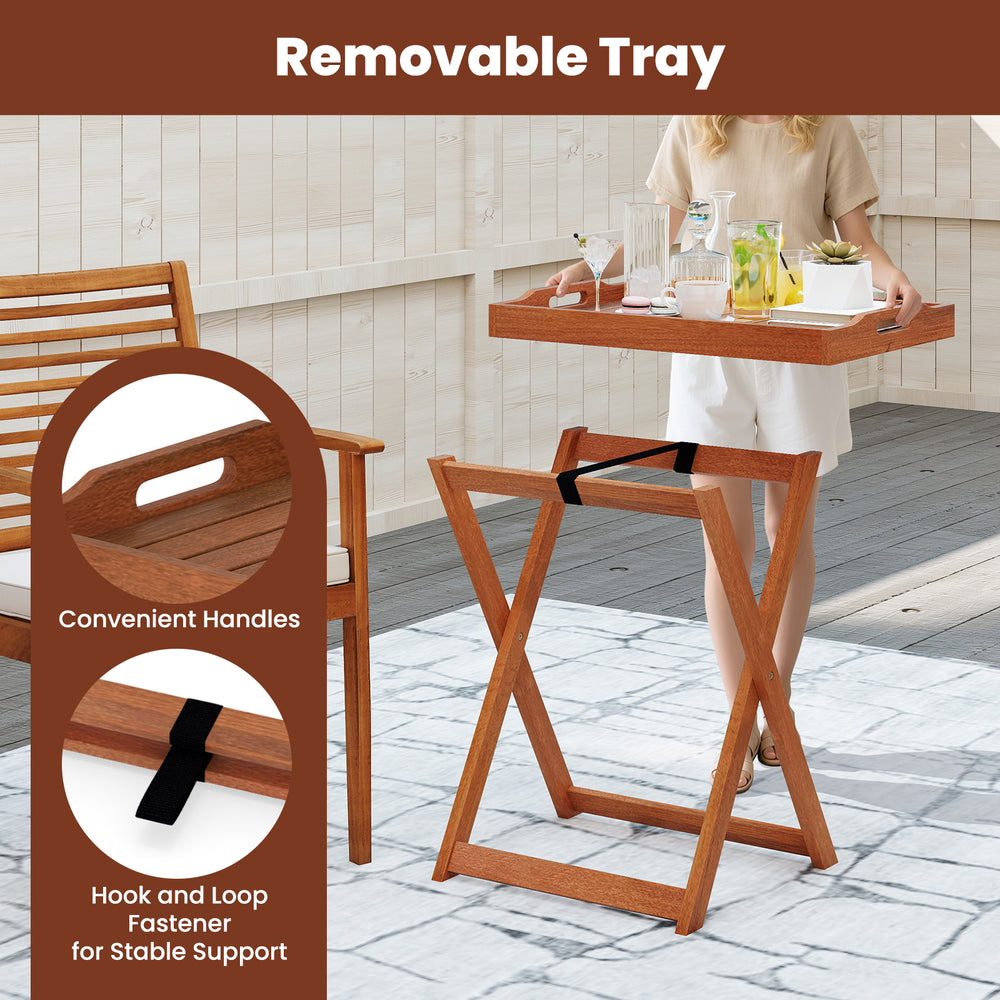 Outdoor patio solid wood tray table with removable top, featuring convenient handles and a foldable design for easy.