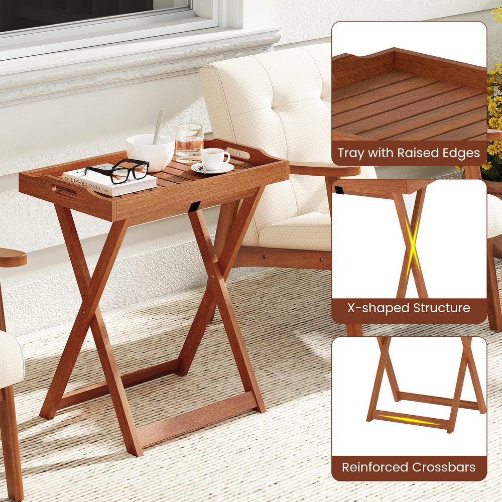 Foldable outdoor patio tray table with removable top, made of solid wood, featuring an X-shaped structure for stability.