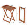 Foldable outdoor patio tray table made of solid wood, featuring a slatted top and convenient cut-out handle for easy.