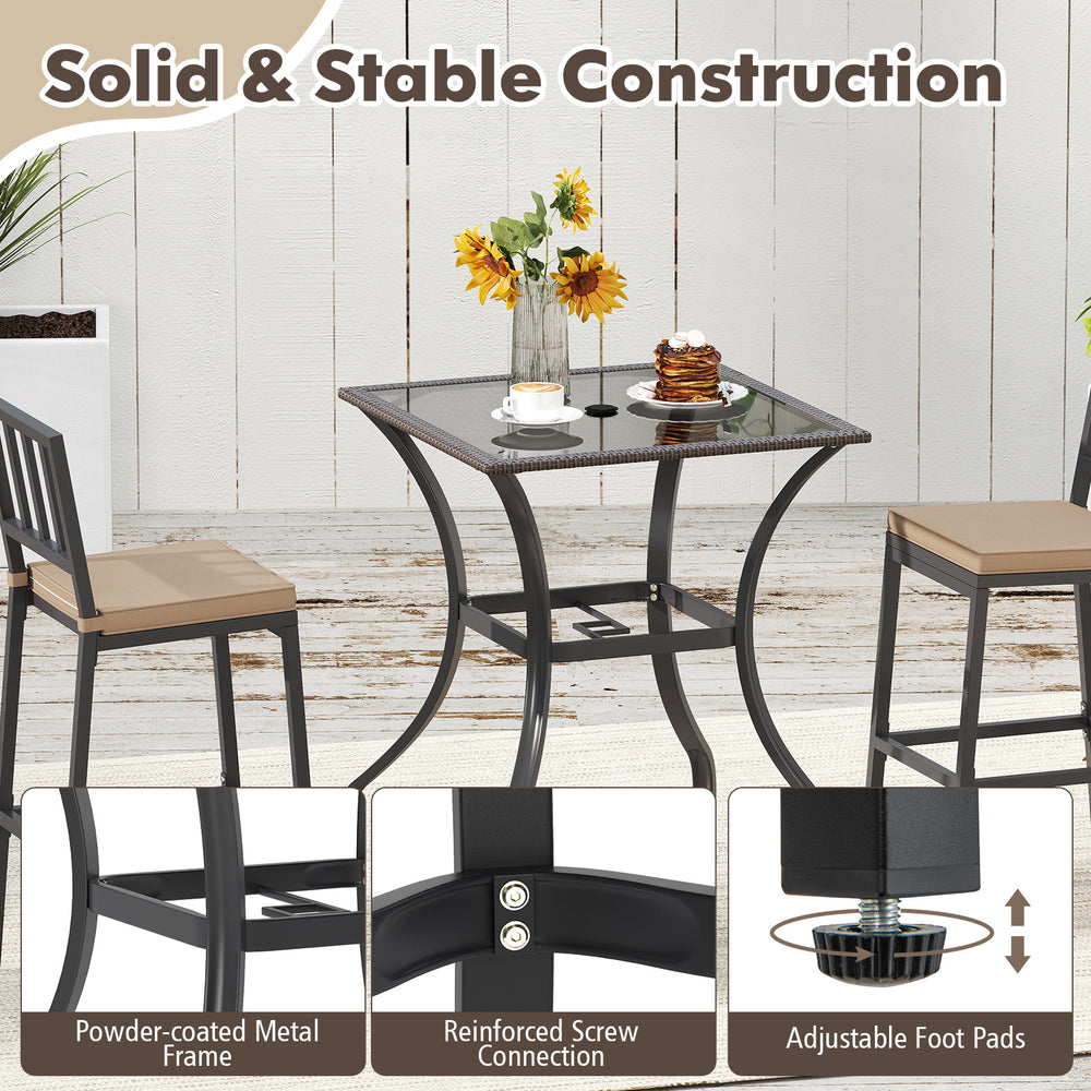 28.5-inch outdoor patio square table with rattan edging, featuring a glass top and powder-coated metal frame for.