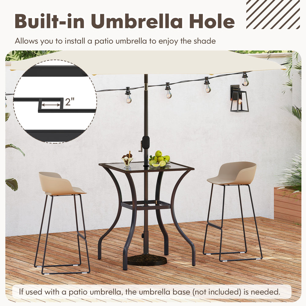 28.5-inch outdoor patio square glass top table with rattan edging and built-in umbrella hole for versatile use.