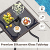 28.5-inch outdoor patio square table with premium silkscreen glass top and rattan edging, ideal for indoor and outdoor.