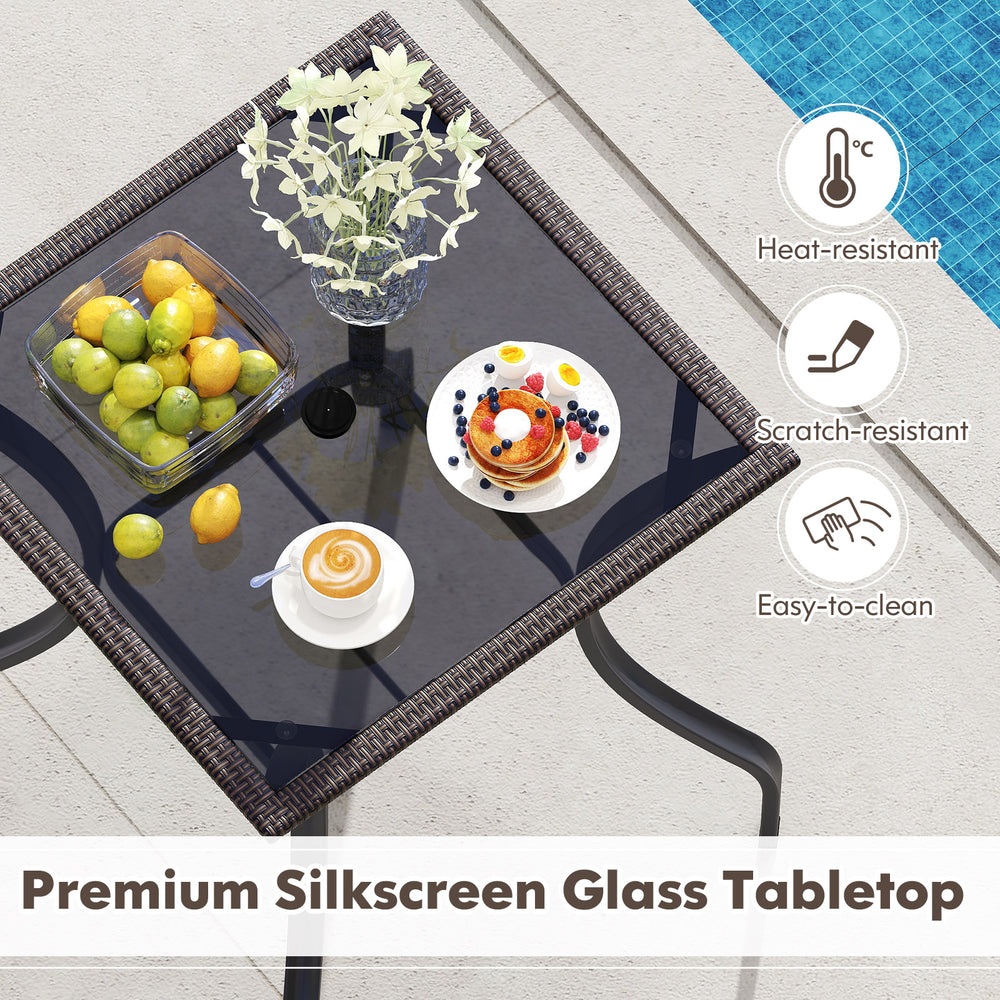 28.5-inch outdoor patio square table with premium silkscreen glass top and rattan edging, ideal for indoor and outdoor.