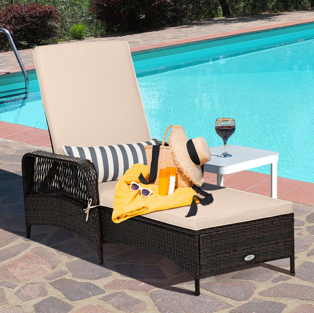 Outdoor Patio Wicker Chaise Lounge Chair with Adjustable Backrest and Pillow-Beige - Gallery View 1 of 10