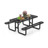 Outdoor picnic table and bench set in black with mesh grid, seating for 8, ideal for outdoor gatherings.