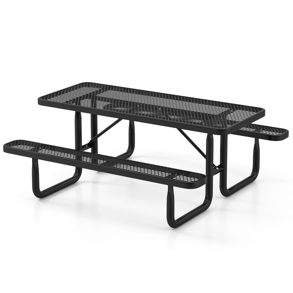 Black outdoor picnic table and bench set with mesh grid, seating for 8, ideal for poolsides and courtyards.
