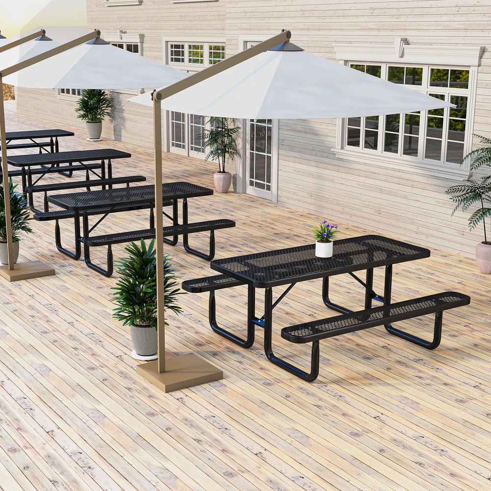 Outdoor picnic table and bench set in black, featuring mesh grid design, suitable for 8 people in a patio setting.