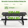 Outdoor picnic table and bench set for 8 people, featuring a rustproof mesh grid and sturdy metal structure.