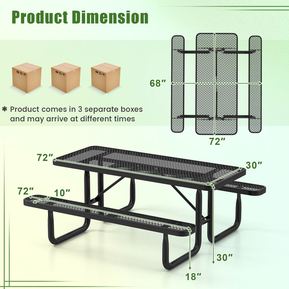 Dimensions of the black outdoor picnic table and bench set, featuring a mesh grid design for 8-person seating.
