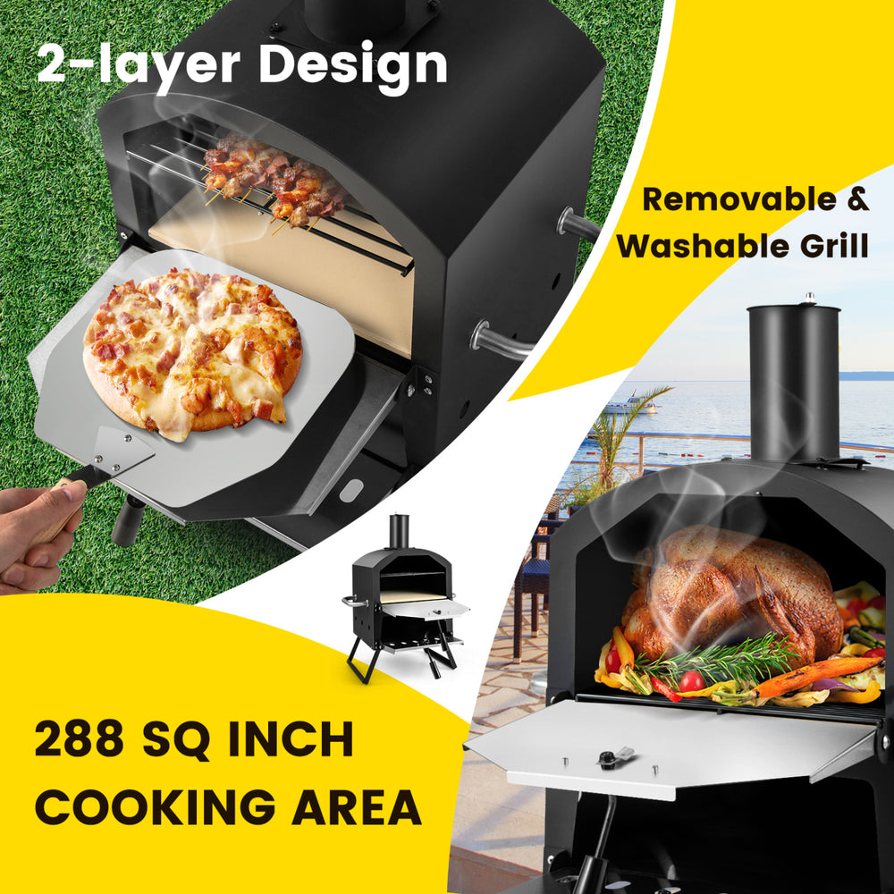 Outdoor pizza oven with removable grill, 288 sq inch cooking area, and foldable legs for easy outdoor use.