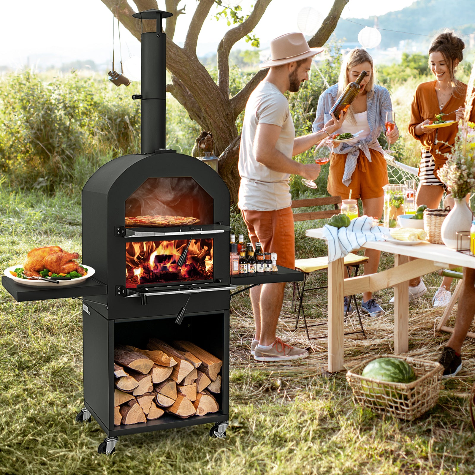 Costway Wood Burning Pizza Oven with Grill Racks and Built