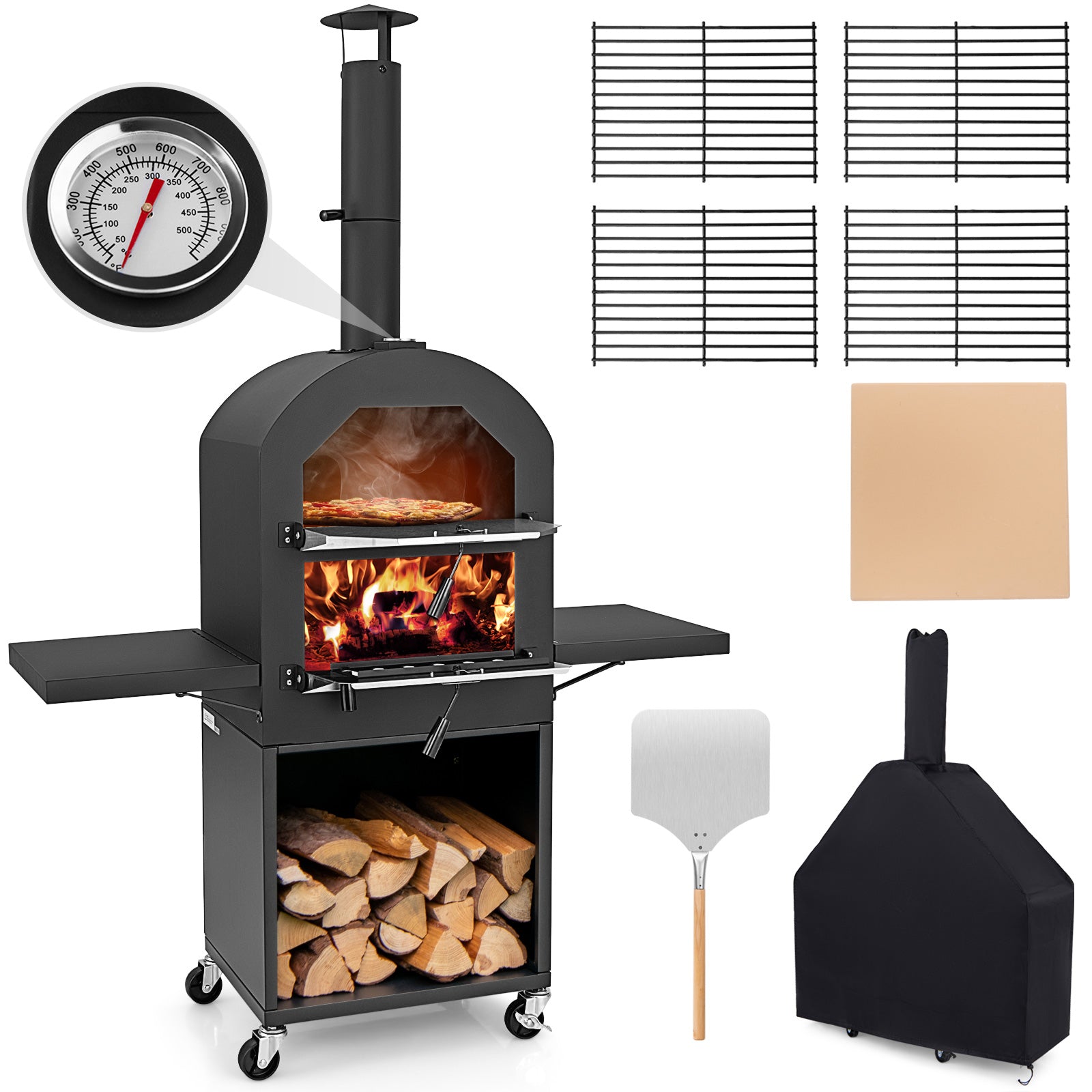 Costway Wood Burning Pizza Oven with Grill Racks and Built