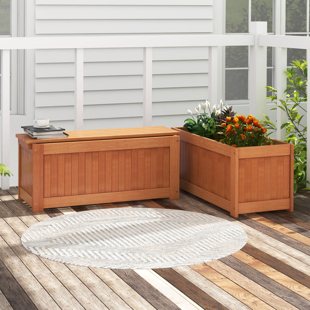 Outdoor plant container with seat made of premium wood, featuring a teak oil finish, ideal for garden or balcony use.