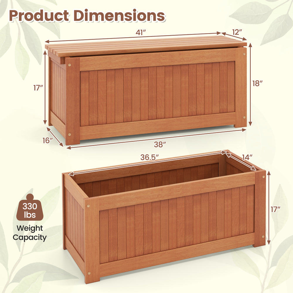 Outdoor plant container with seat, made of premium wood, features a teak oil finish and measures 41"x17"x18".