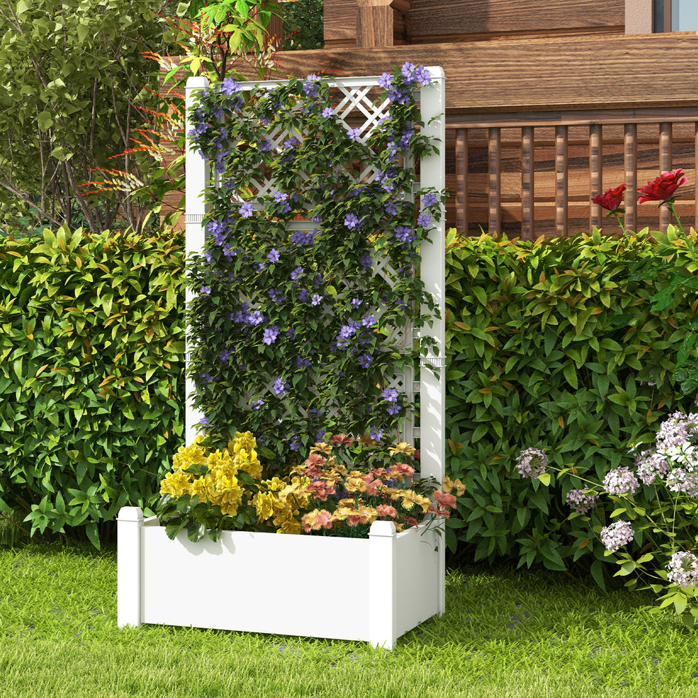 Self-watering outdoor planter box with trellis, greyish-white, ideal for climbing plants and vegetables in gardens.