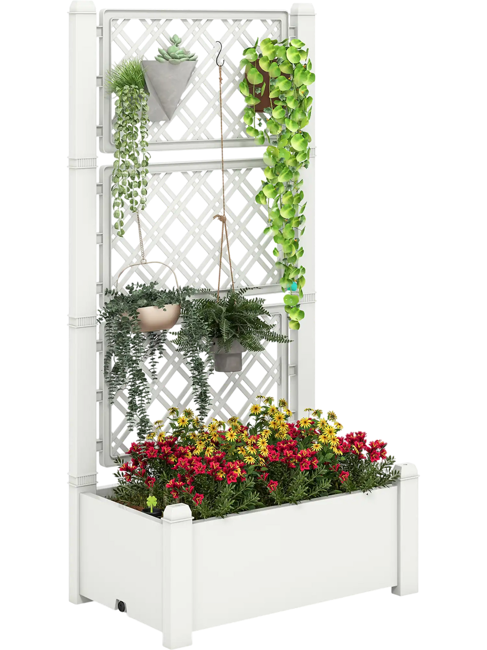 Self-watering outdoor planter box with trellis, featuring a 14-gal garden bed for flowers and climbing plants.
