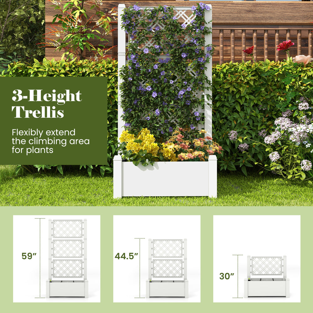 Outdoor planter box with a self-watering system and vertical trellis for climbing plants, featuring a 14-gallon garden.