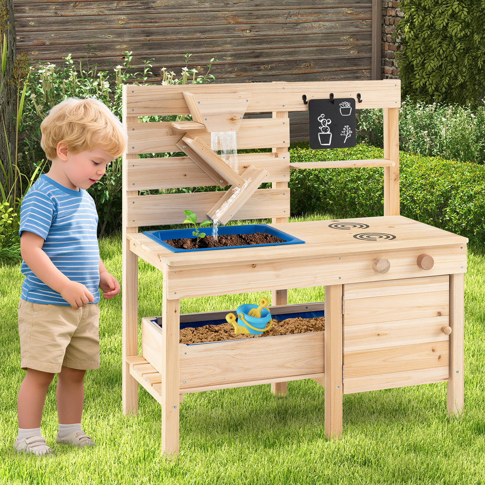 Outdoor play pretend kitchen made of solid fir wood with detachable sandbox, removable sink, and chalkboard for kids.