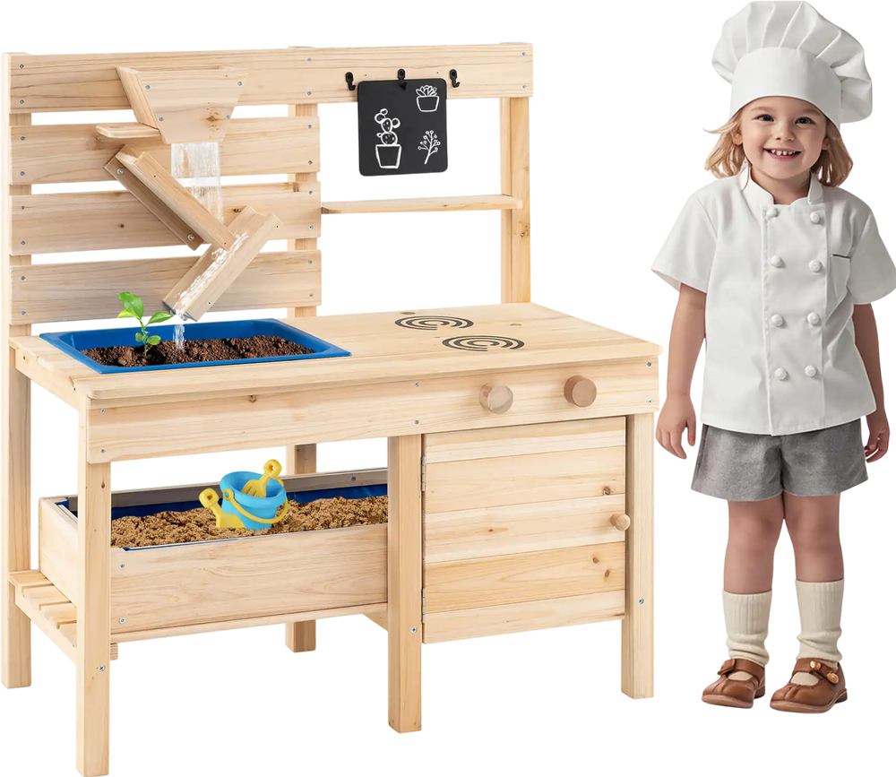 Outdoor play pretend kitchen made of solid fir wood with detachable sandbox, stovetops, and chalkboard for kids.