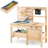 Outdoor play pretend kitchen with detachable sandbox, made of solid fir wood, featuring storage shelves and stovetops.