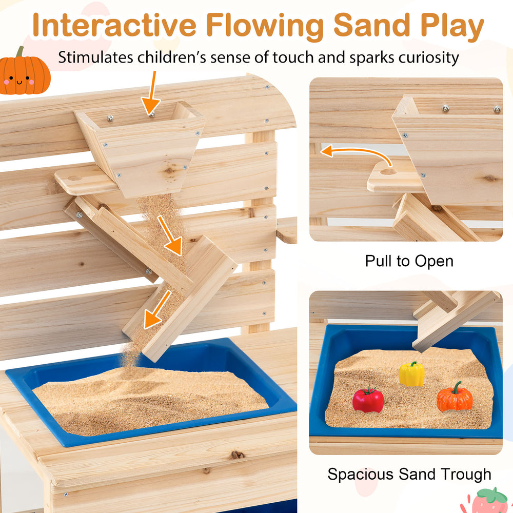 Detachable sandbox with funnel for flowing sand play, made of solid fir wood, designed for safe outdoor fun.