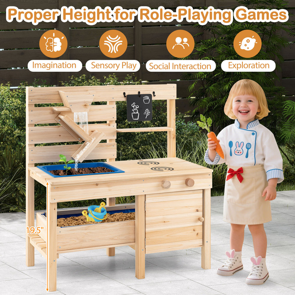 Outdoor play pretend kitchen made of solid fir wood with detachable sandbox, chalkboard, and storage for imaginative.
