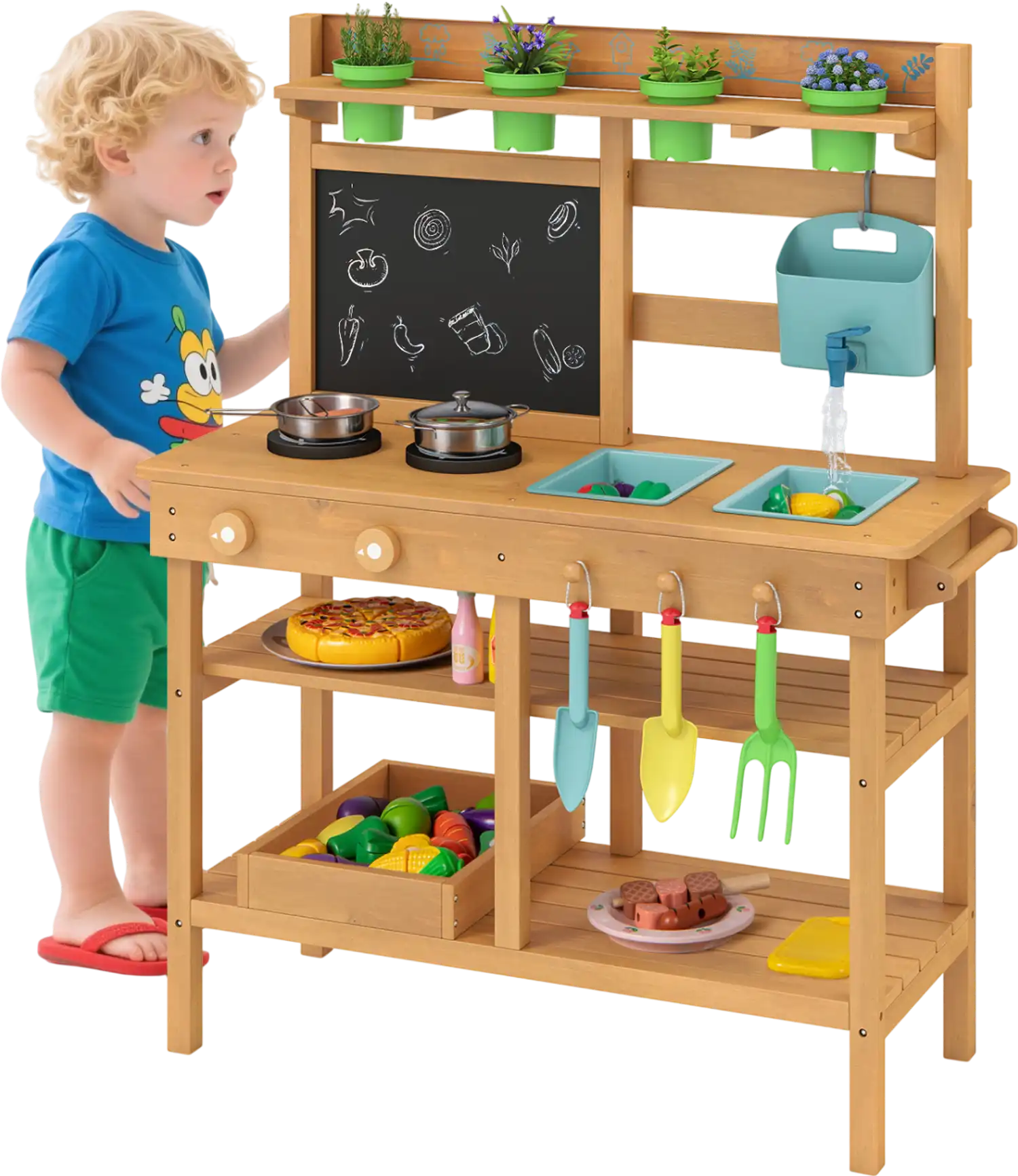 Costway Outdoor Pretend Play Kitchen w/ Faucet & Removable Sinks 38178932 New