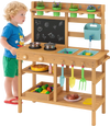 Outdoor play pretend kitchen for children with removable sinks, faucet, and storage, made of natural fir and pine wood.