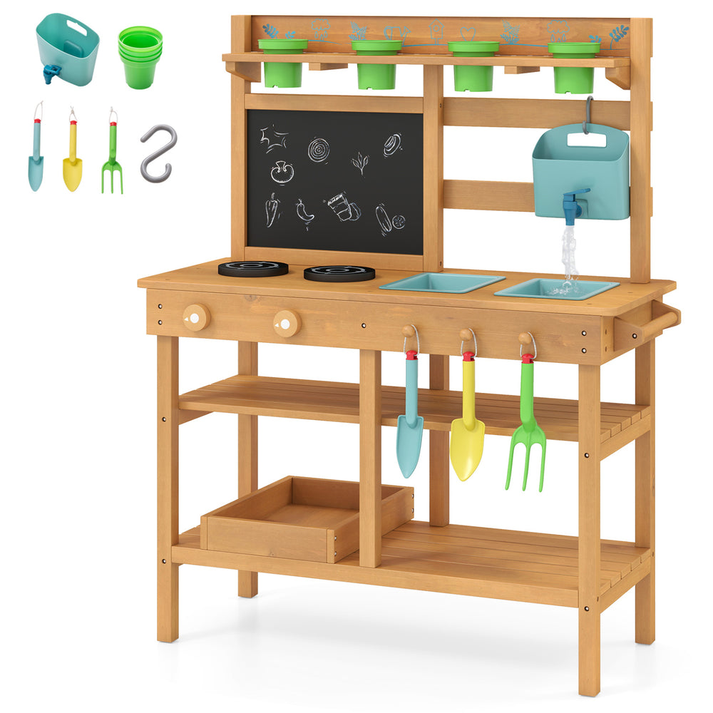 Outdoor play pretend kitchen with removable sinks, faucet, and chalkboard for creative cooking fun for children aged 3+.