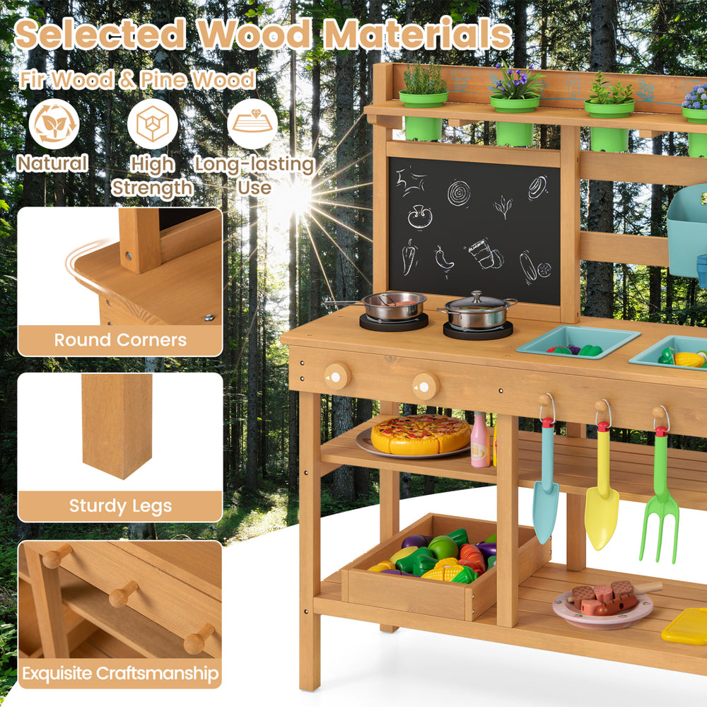 Outdoor play pretend kitchen with removable sinks, sturdy fir and pine wood, features chalkboard and two stovetops.