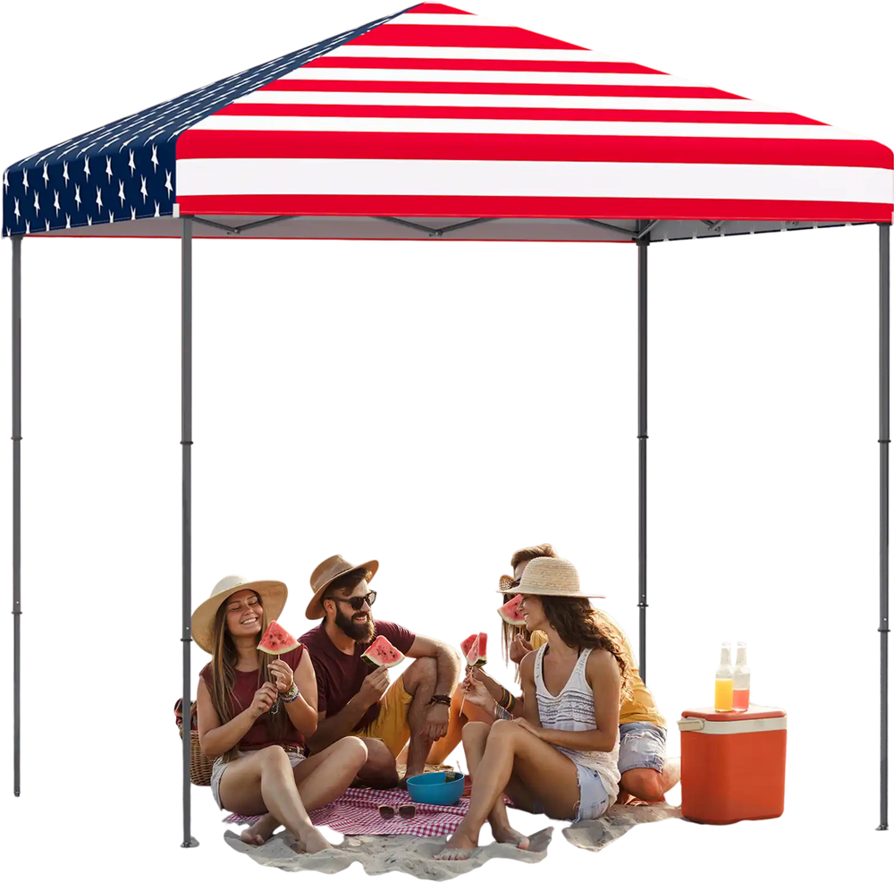 Outdoor pop-up canopy tent with American flag design, providing UPF 50+ sun protection for beach gatherings and picnics.