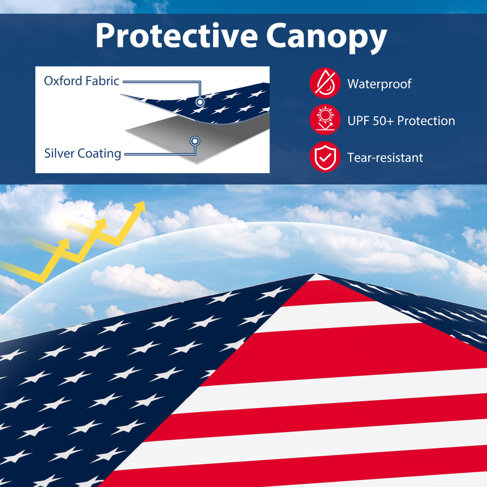 Outdoor pop-up canopy tent with multicolor design, made of tear-resistant oxford fabric, offers UPF 50+ sun protection.