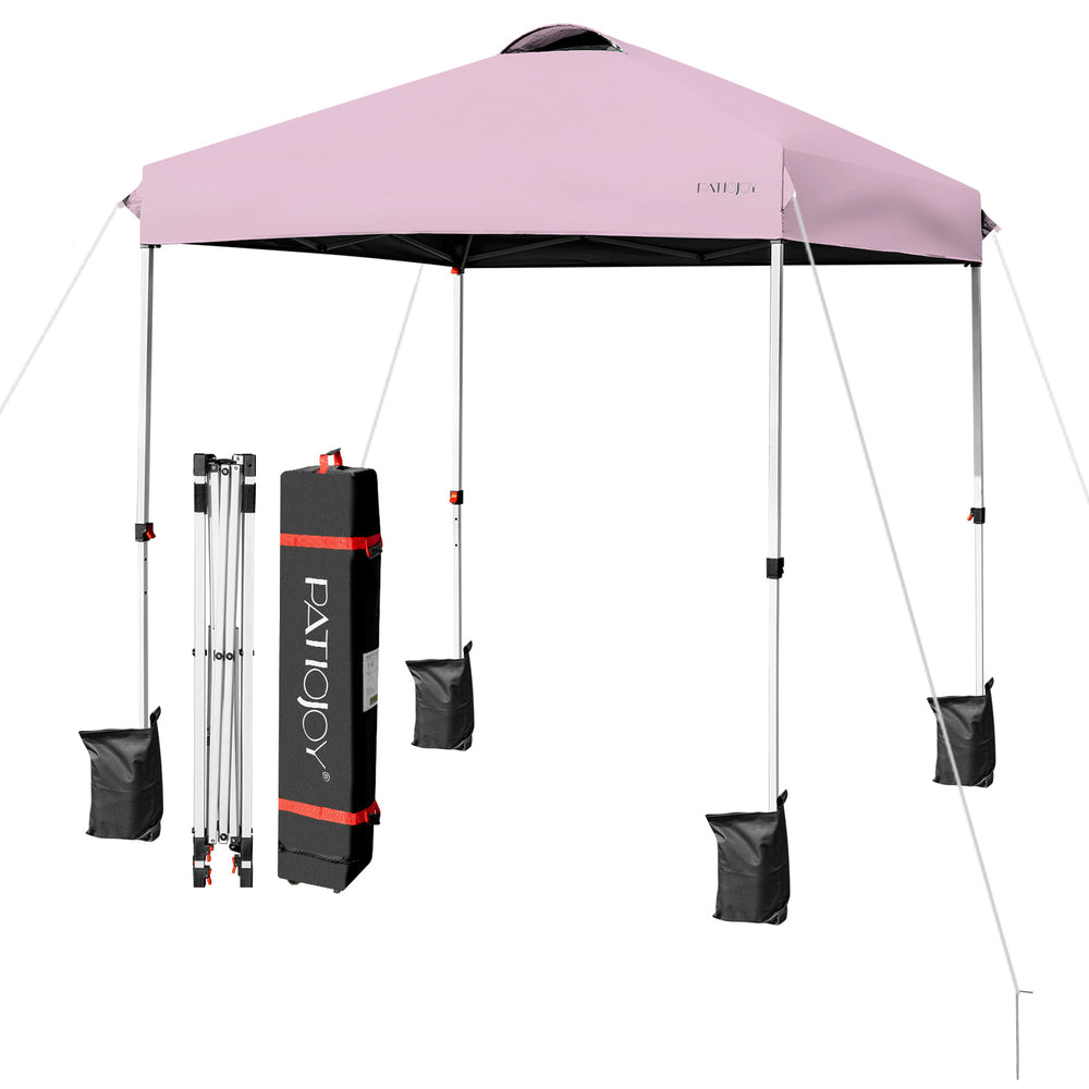 Pink 6.6 x 6.6 feet outdoor pop-up canopy tent with roller bag and weight bags for added stability and easy transport.