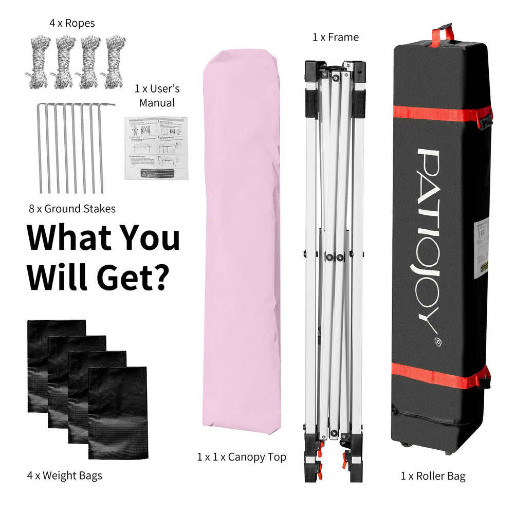6.6 x 6.6 feet pink outdoor pop-up canopy tent with frame, roller bag, and accessories for easy setup and stability.