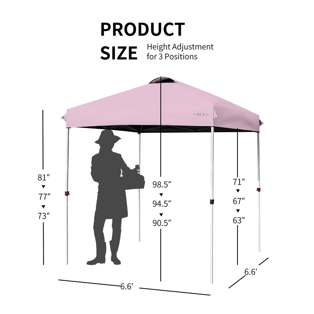 Height adjustable pink outdoor pop-up canopy tent, 6.6' x 6.6', with dimensions for easy setup and stability.