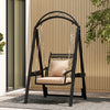 Outdoor porch swing in black with removable cushions, side tables, and arched top, perfect for garden relaxation.