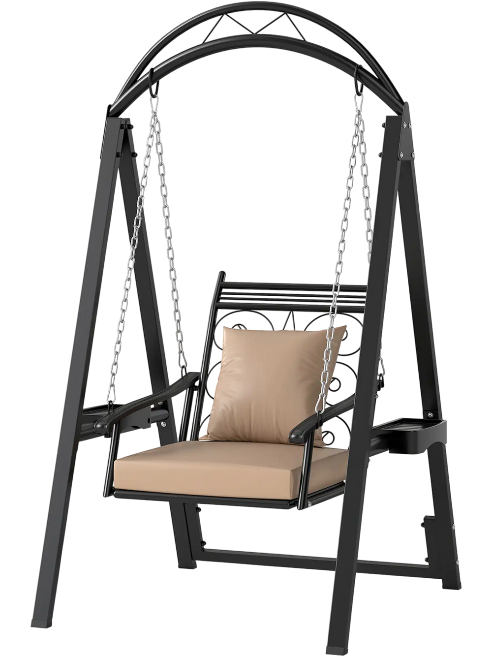 Outdoor porch swing in black with removable cushions, side tables, and decorative leaf patterns for garden charm.